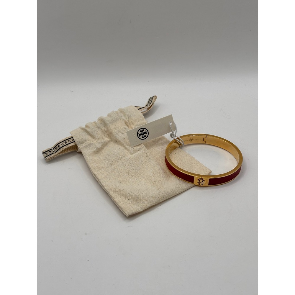 Tory Burch Slim Red Leather Inlay Cuff Bangle Bracelet Gold Tone 145435 New